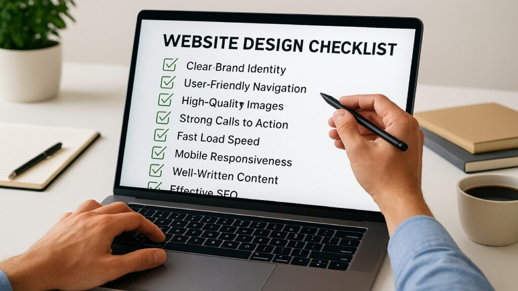 website design checklist displayed on laptop workstation