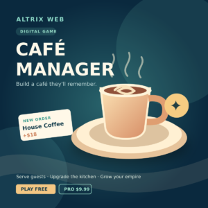 Altrix Café Manager Pro cover showing a coffee cup, customer order card and game title