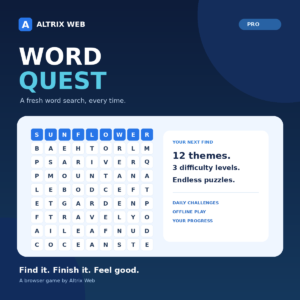 Altrix Word Quest Pro cover showing a word search grid and twelve themes