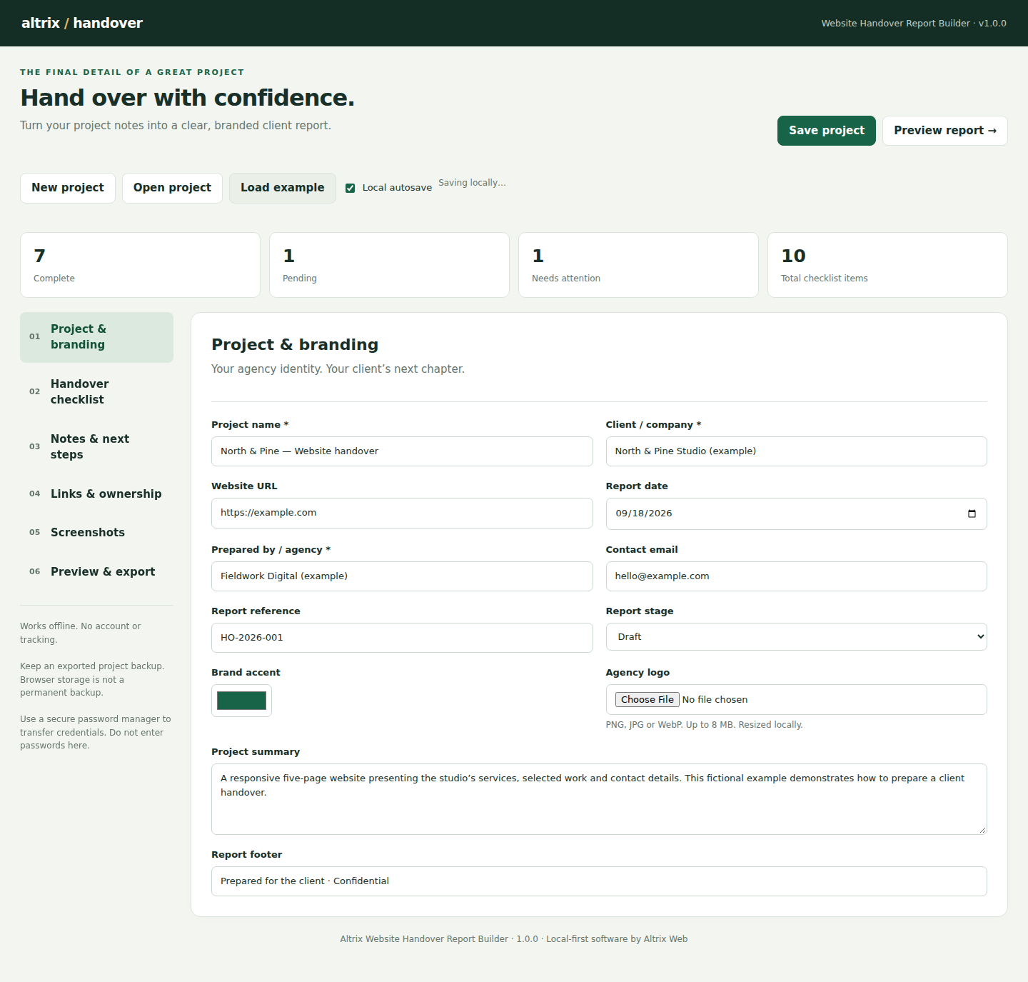 Website Handover Report Builder checklist and project details interface