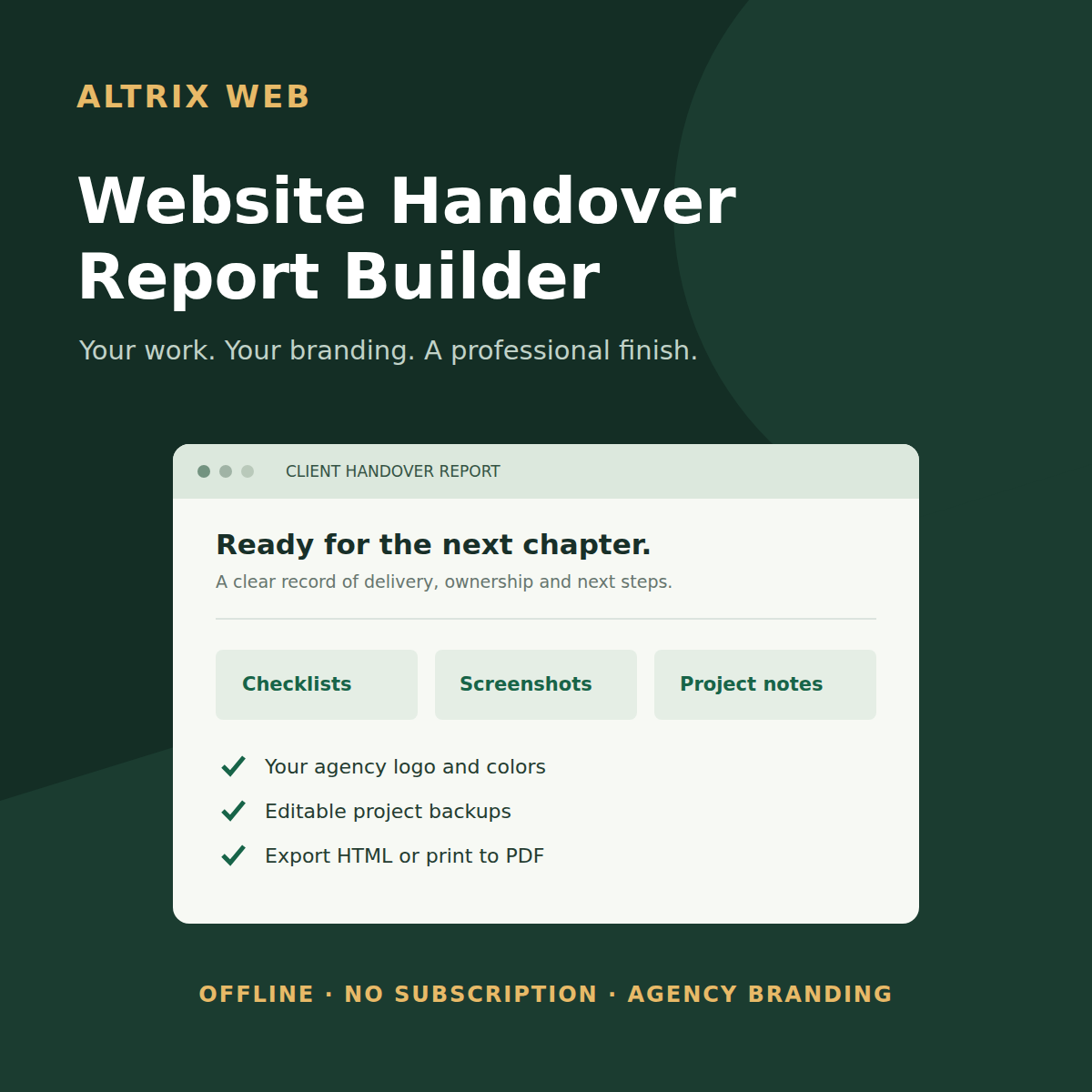 Altrix Website Handover Report Builder showing a professional branded report