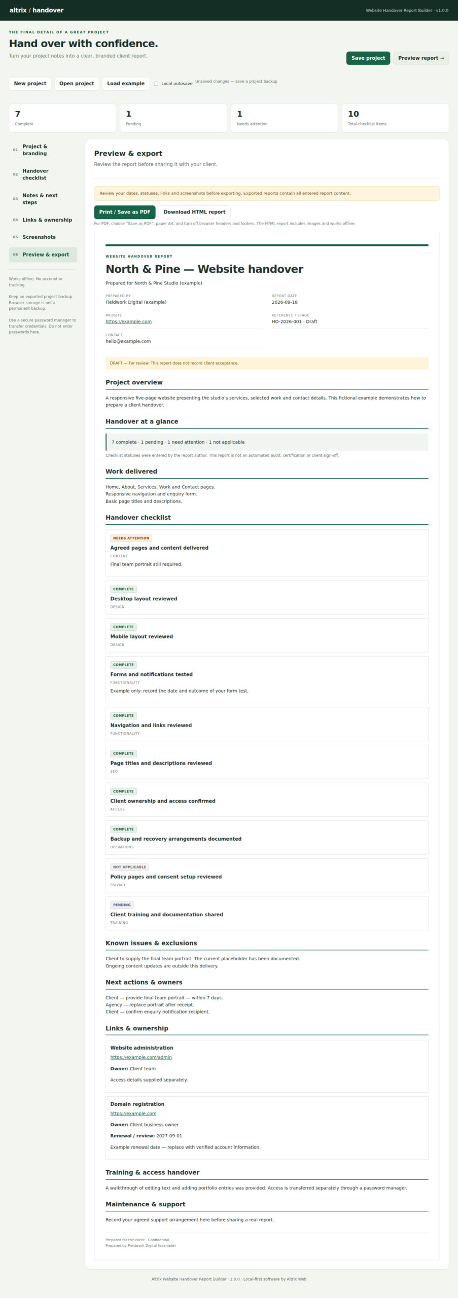 Example branded client website handover report