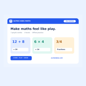 Altrix Kids Math Pro cover showing addition, multiplication and fractions practice