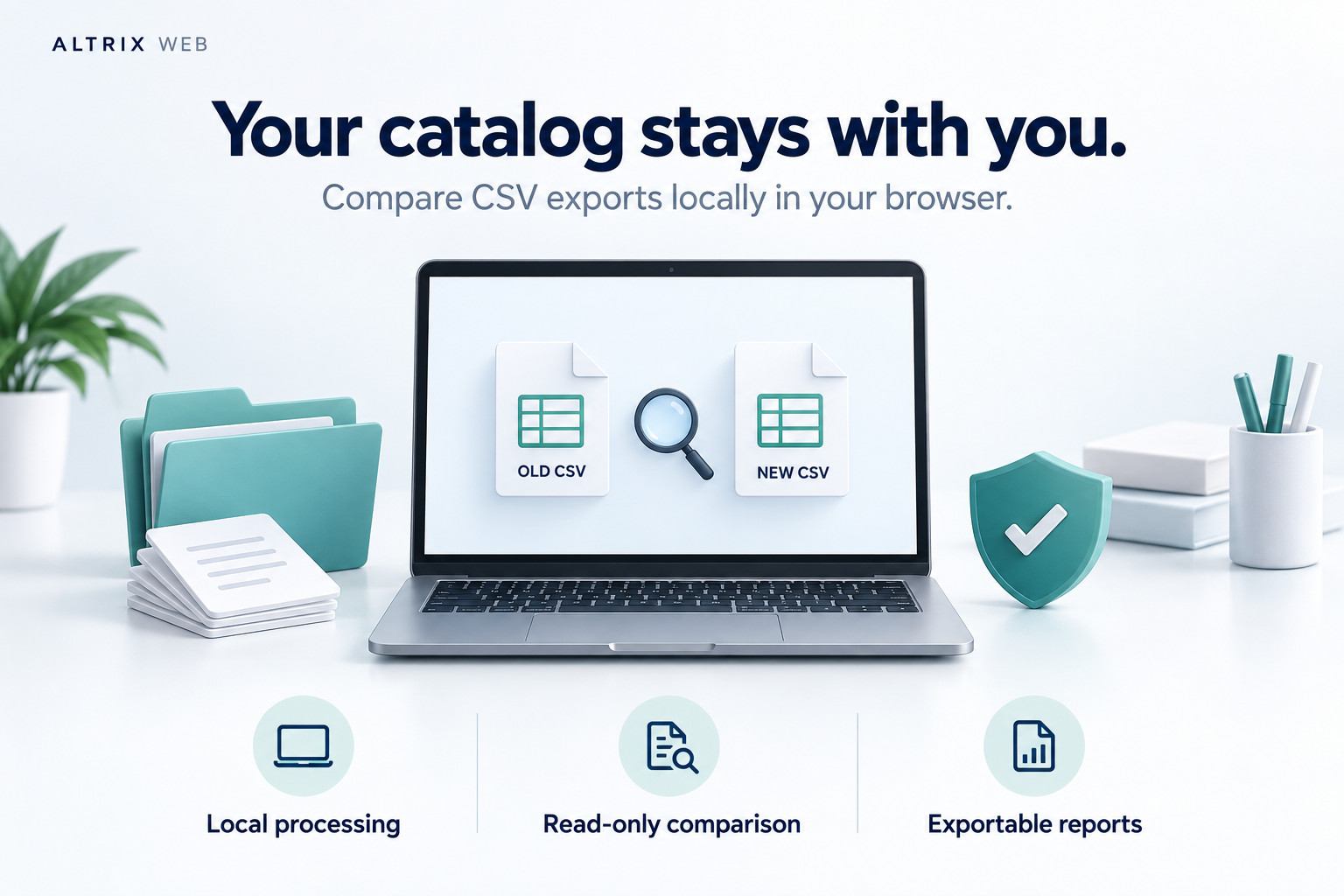 Altrix Migration Comparison Tool illustration showing local CSV comparison on a laptop