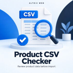 Altrix Product CSV Checker cover with a CSV document and magnifying glass