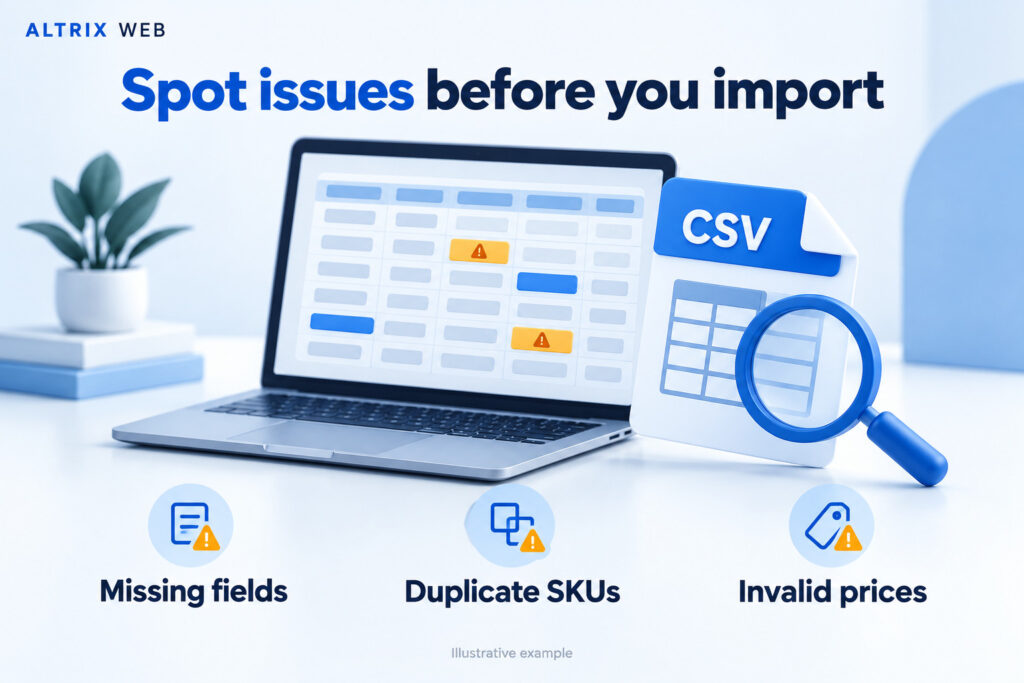 Illustration of product CSV review for missing fields, duplicate SKUs and invalid prices
