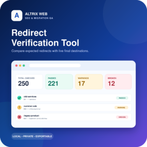 Altrix Redirect Verification Tool dashboard showing passed, warning and broken redirect results