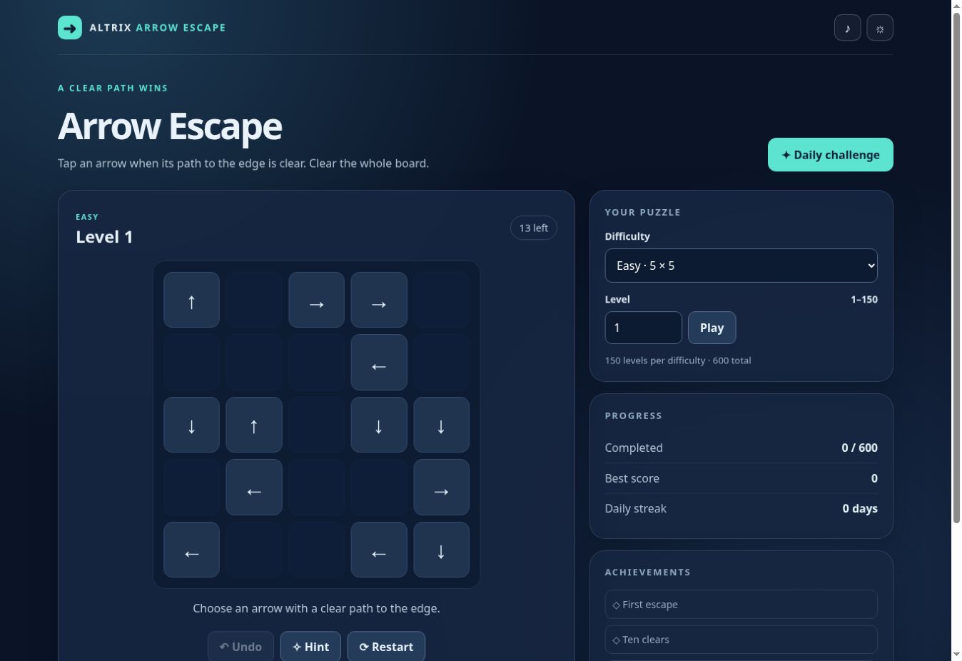 Altrix Arrow Escape game board with levels and daily challenge