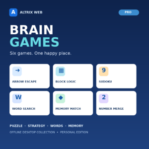 Altrix Brain Games Pro cover showing six colorful puzzle game tiles
