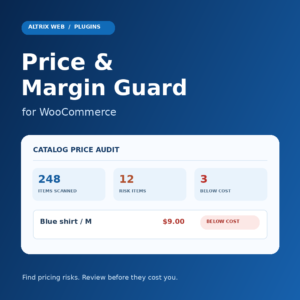 Altrix Price & Margin Guard Pro WooCommerce plugin cover with sample price audit metrics