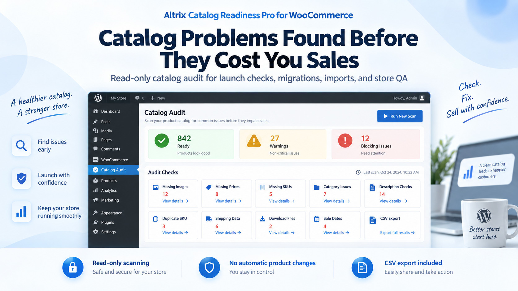 WooCommerce catalog audit plugin - Altrix Catalog Readiness Pro dashboard showing catalog health, warnings, blocking issues and CSV export