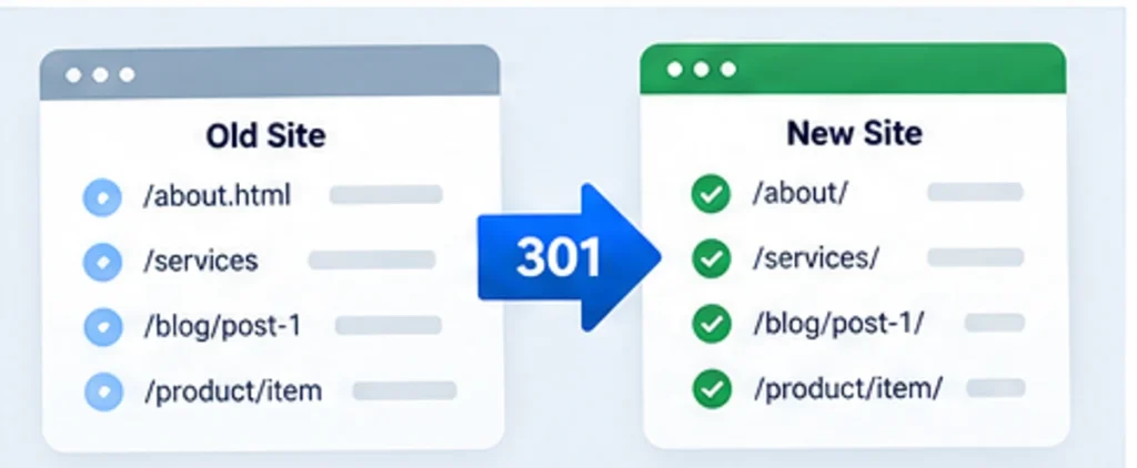 Example 301 redirect mapping from old website URLs to new destination URLs