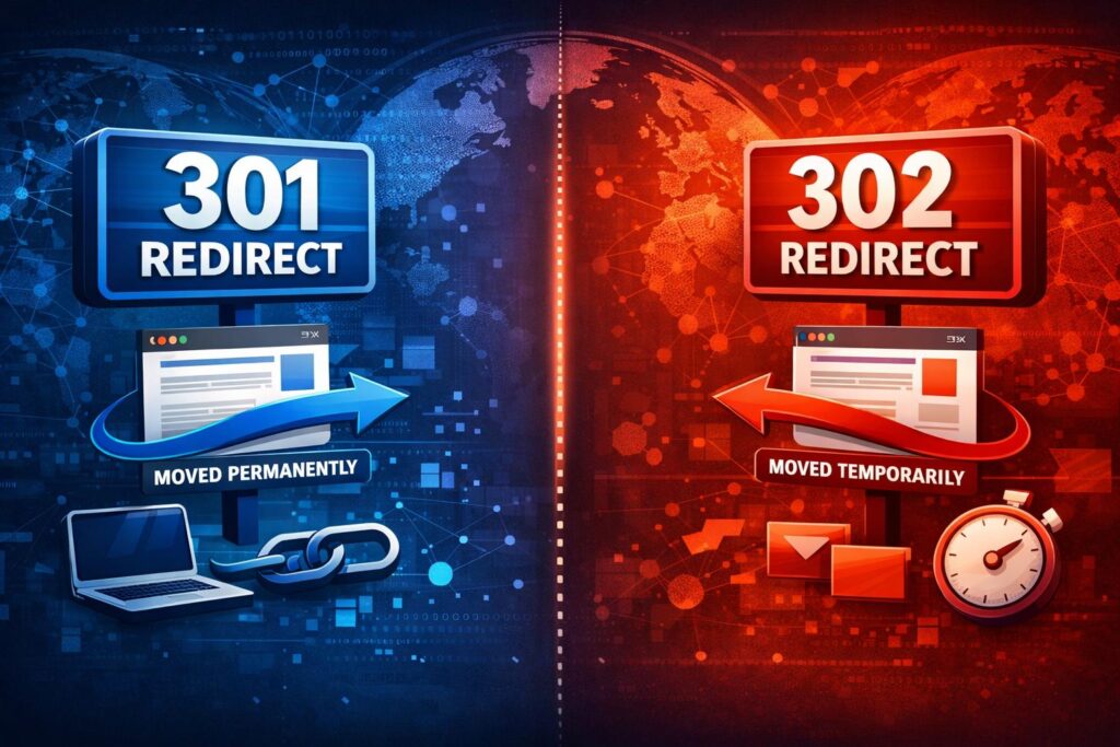 301 vs 302 redirects during website migration showing permanent and temporary URL changes