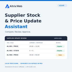 Altrix Supplier Stock and Price Update Assistant product cover, illustrating reviewed supplier updates
