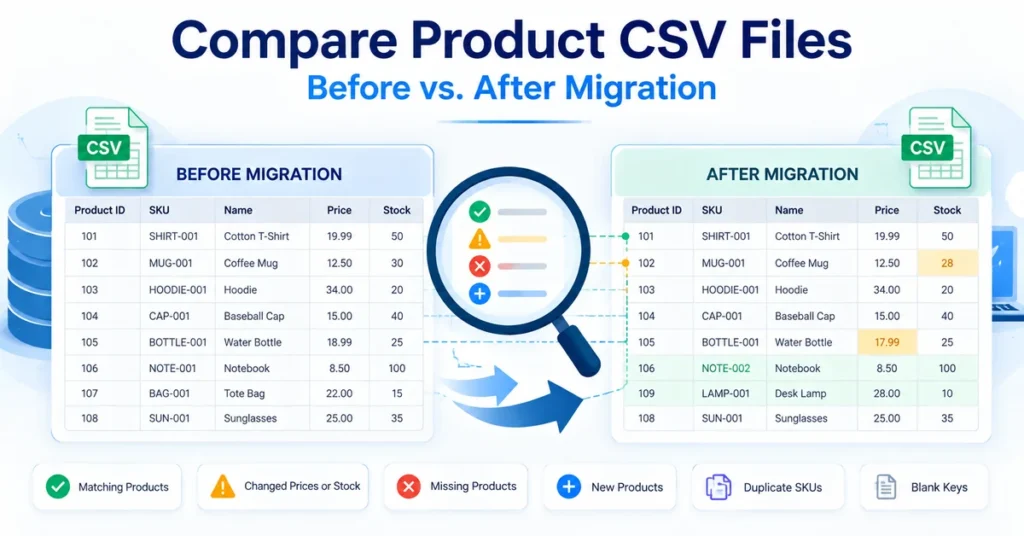 Compare product CSV files before and after store migration to identify missing products, changed prices and stock differences