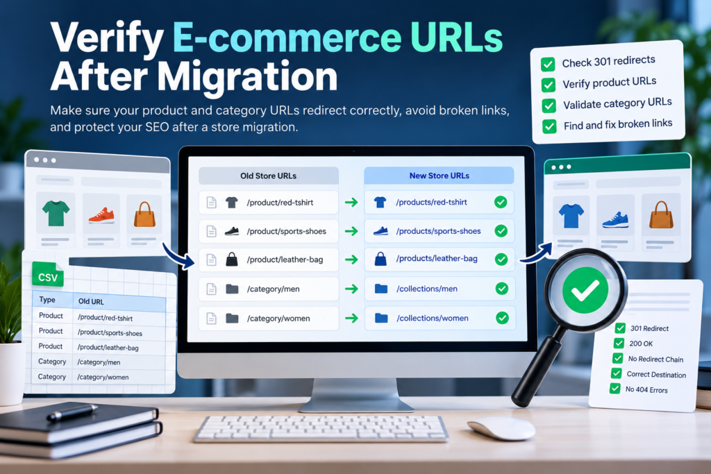 Four-step workflow showing CSV preparation, redirect verification, error review and retesting of product and category URLs.