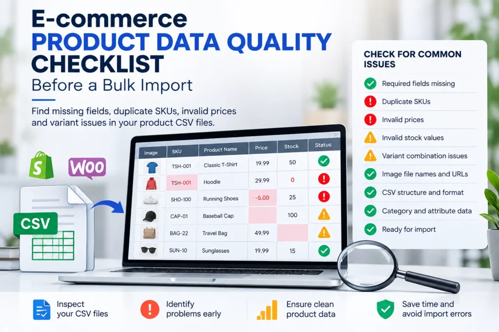 Product data quality checklist infographic showing SKU, price and CSV issues before a bulk ecommerce import