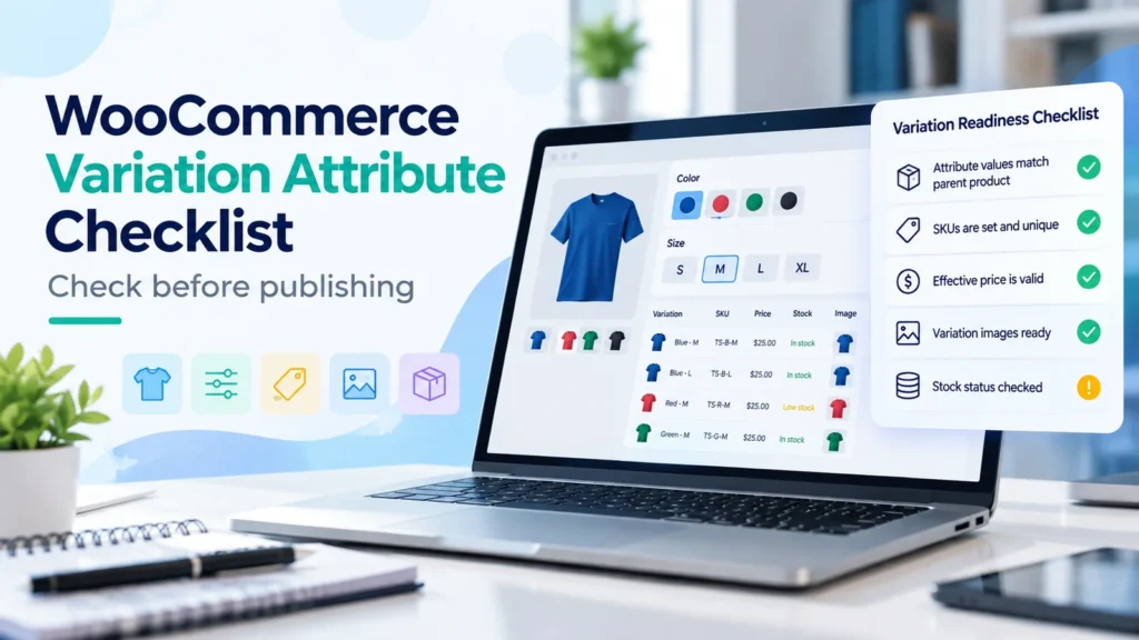check WooCommerce variation attributes using a three-step checklist for parent attributes, variation values, prices, SKUs, images and stock.