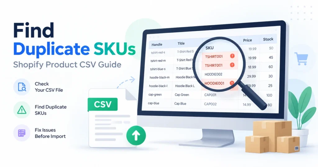 Illustration of duplicate SKUs highlighted in a Shopify product CSV with a magnifying glass