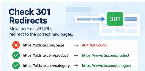 Illustration showing successful 301 redirects and a broken 404 URL after website migration