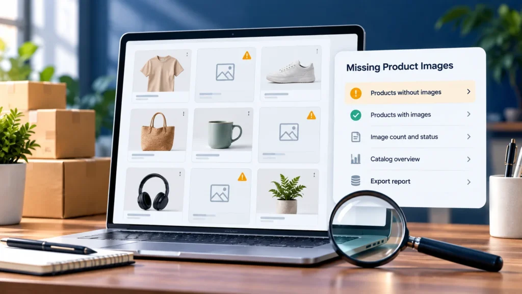 Missing product images in WooCommerce highlighted in an illustrated product catalog audit screen