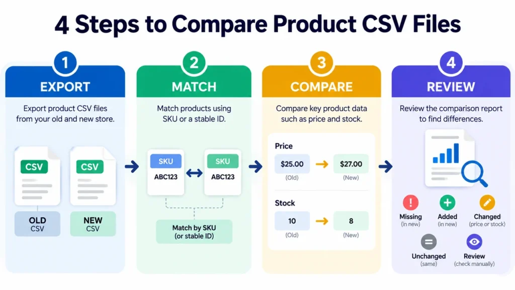 Four-step product CSV migration comparison workflow showing export, SKU matching, price and stock comparison, and report review
