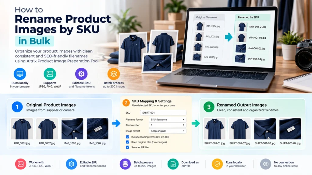 Illustrated product photos being organized from camera filenames into numbered SKU-based filenames on a laptop