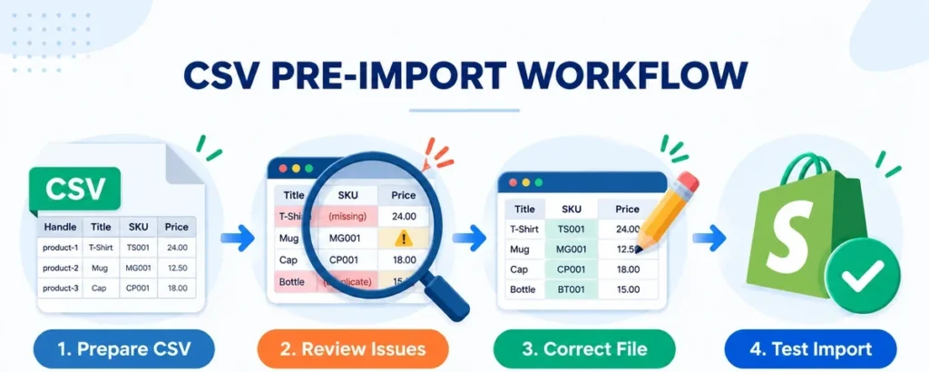 Four-step CSV pre-import workflow showing preparation, issue review, corrections and a test import