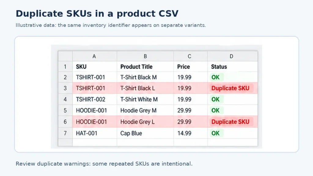 Example spreadsheet showing repeated TSHIRT-001 and HOODIE-001 SKUs marked for review