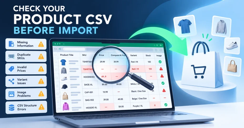 Illustration of Shopify product CSV import errors with duplicate SKU, price and data warnings on a spreadsheet