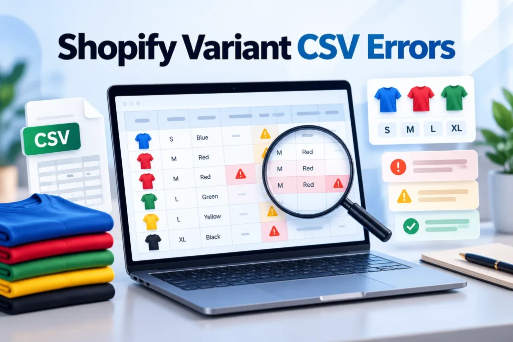 Shopify variant CSV errors showing duplicate size and color combinations in a product spreadsheet