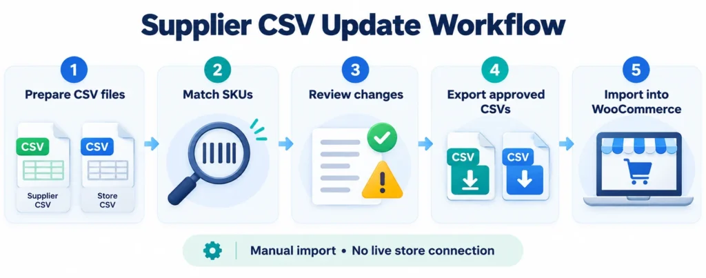 Supplier price and stock updates workflow: prepare supplier and store CSVs, match SKUs, review changes, export approved WooCommerce files, and import manually