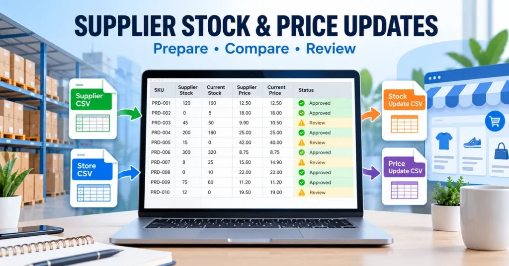 Supplier price and stock updates workflow comparing supplier and store CSV files before approving WooCommerce changes