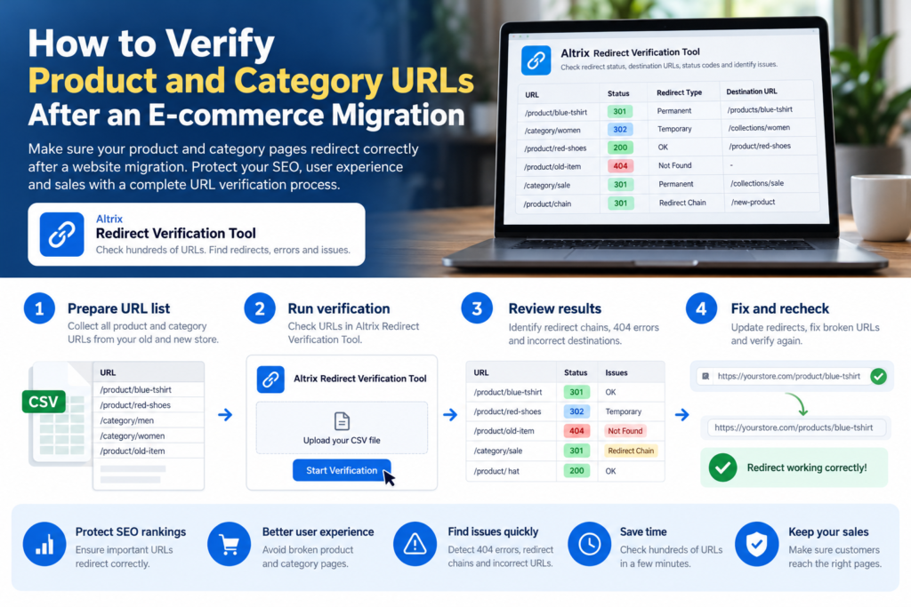Illustration showing how to verify product and category URLs after e-commerce migration using redirect checks.