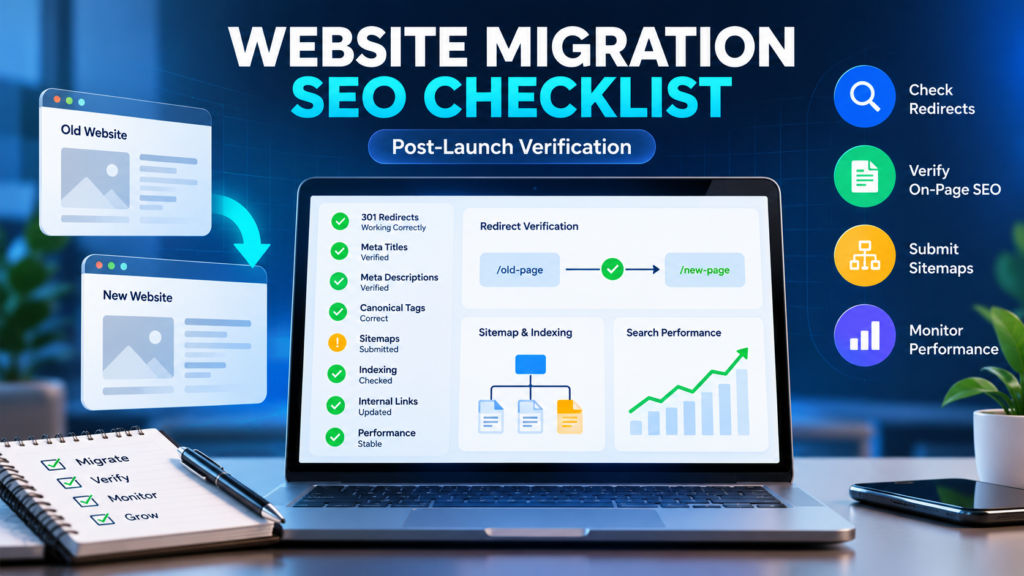 Website migration SEO checklist showing redirect verification, indexing, sitemaps and search performance
