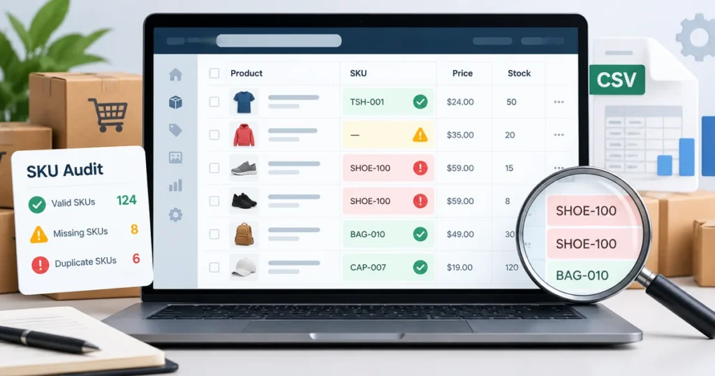 Duplicate SKUs in WooCommerce illustrated with missing SKU warnings and repeated product codes in an audit table