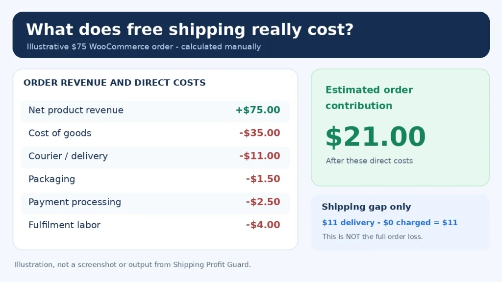 WooCommerce free shipping cost breakdown showing $75 order revenue, $11 delivery cost and $21 remaining contribution.