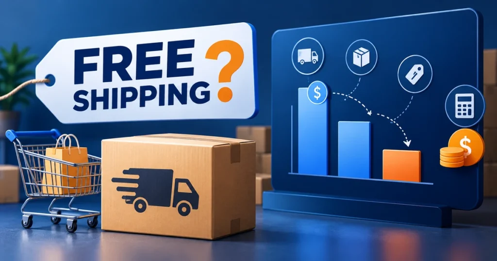 WooCommerce free shipping costs illustration with parcel, shopping cart and declining profit chart