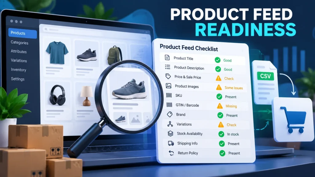 WooCommerce product feed readiness checklist illustration showing product fields, images, prices, SKUs and identifiers being reviewed.
