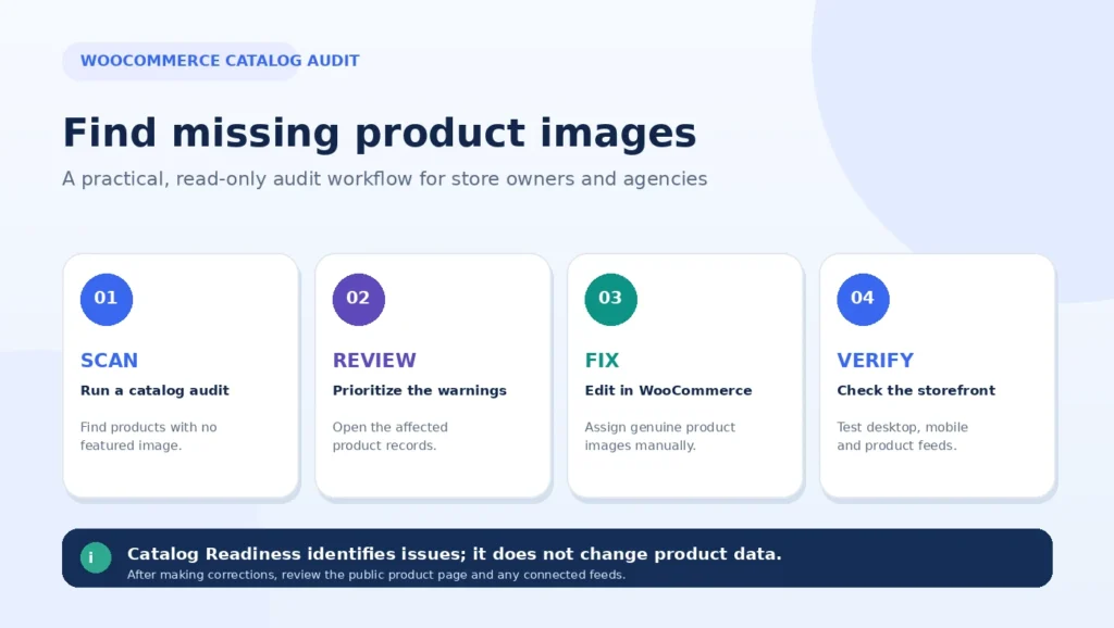 Four-step WooCommerce image audit workflow: scan, review, fix missing images, and verify the storefront
