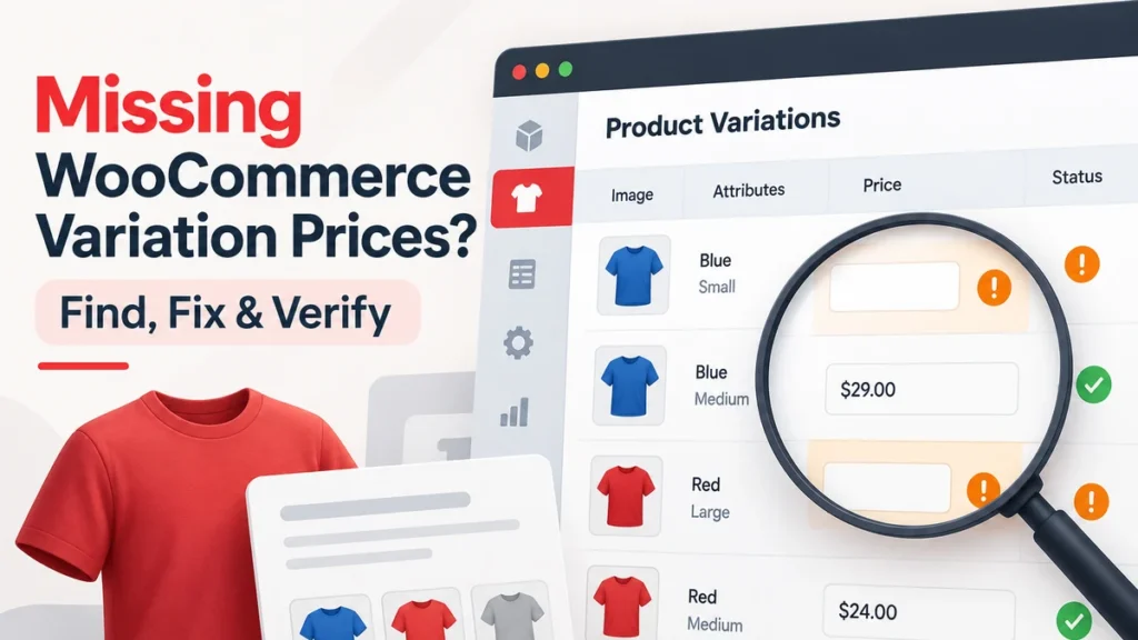 Illustration of WooCommerce product variations with blank price fields, warning icons, and correctly priced options.