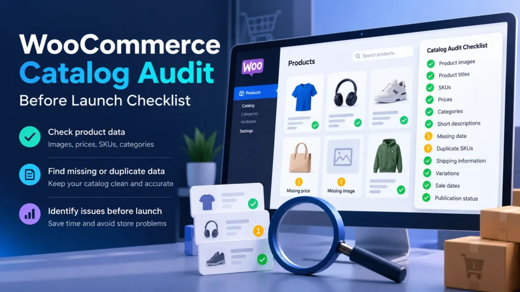 WooCommerce product catalog audit checklist with product images, SKU and pricing checks before launch