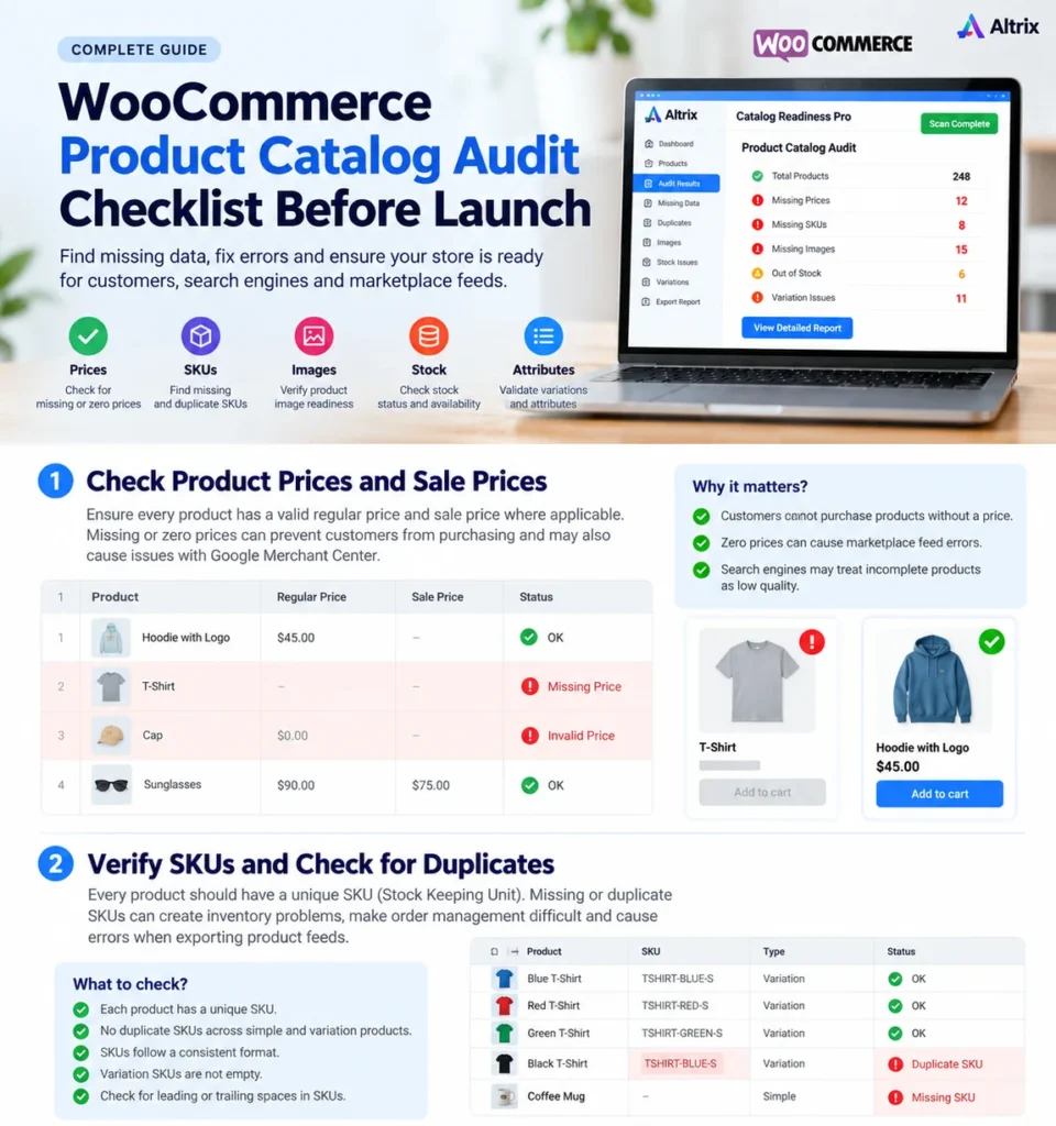 WooCommerce product catalog audit checklist illustration showing missing prices, SKUs and product checks