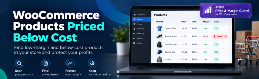 WooCommerce products priced below cost with product price and margin monitoring illustration