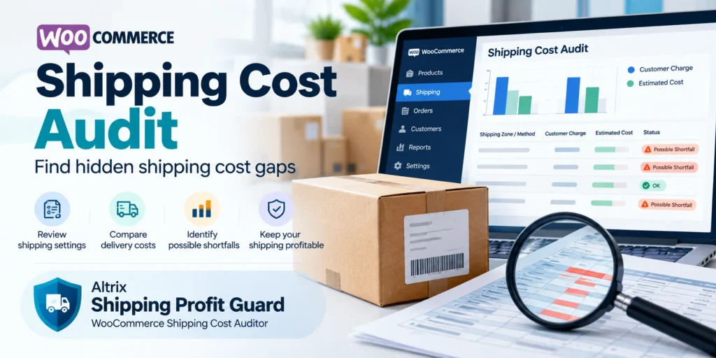 WooCommerce shipping cost audit illustration showing parcels, shipping charges and potential cost warnings