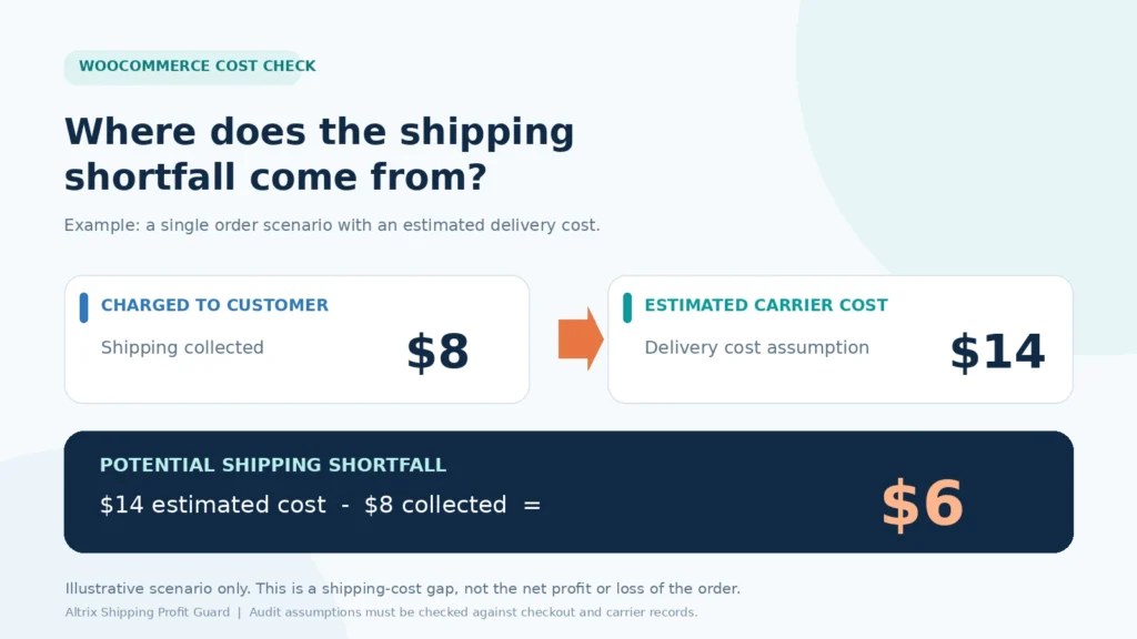 WooCommerce shipping cost audit example with an $8 customer charge, $14 estimated delivery cost and $6 potential shortfall