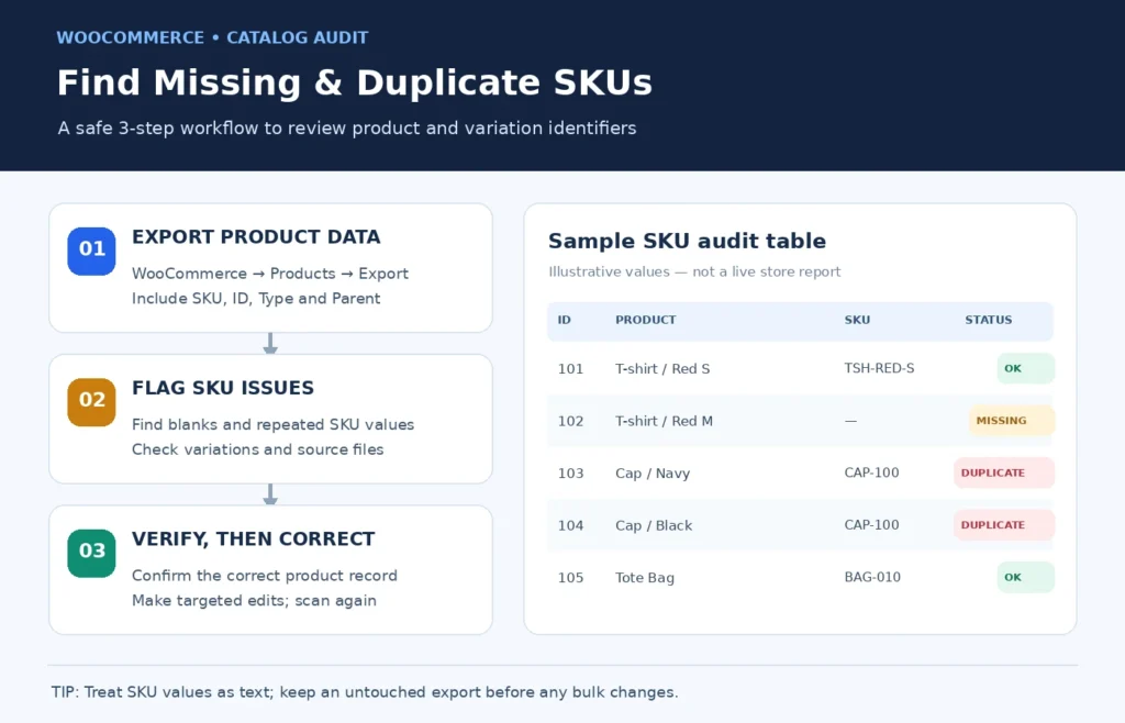 Three-step process to find duplicate SKUs in WooCommerce by exporting CSV, flagging missing values, and reviewing product records