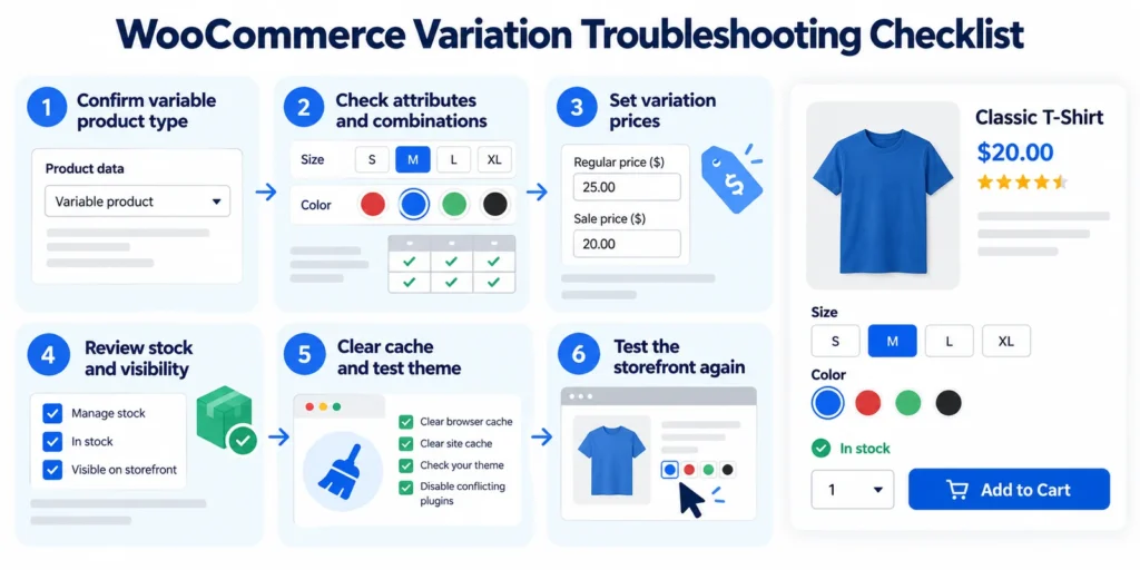 WooCommerce variable products not showing checklist for attributes, prices, stock, cache and storefront testing