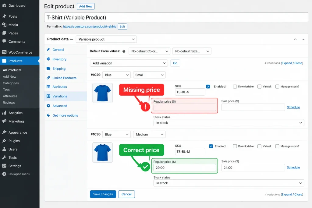 Missing prices in WooCommerce variations highlighted in an example WooCommerce product editor
